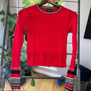 Topshop Cropped Red Ribbed Knit Top with Black & Silver Trim